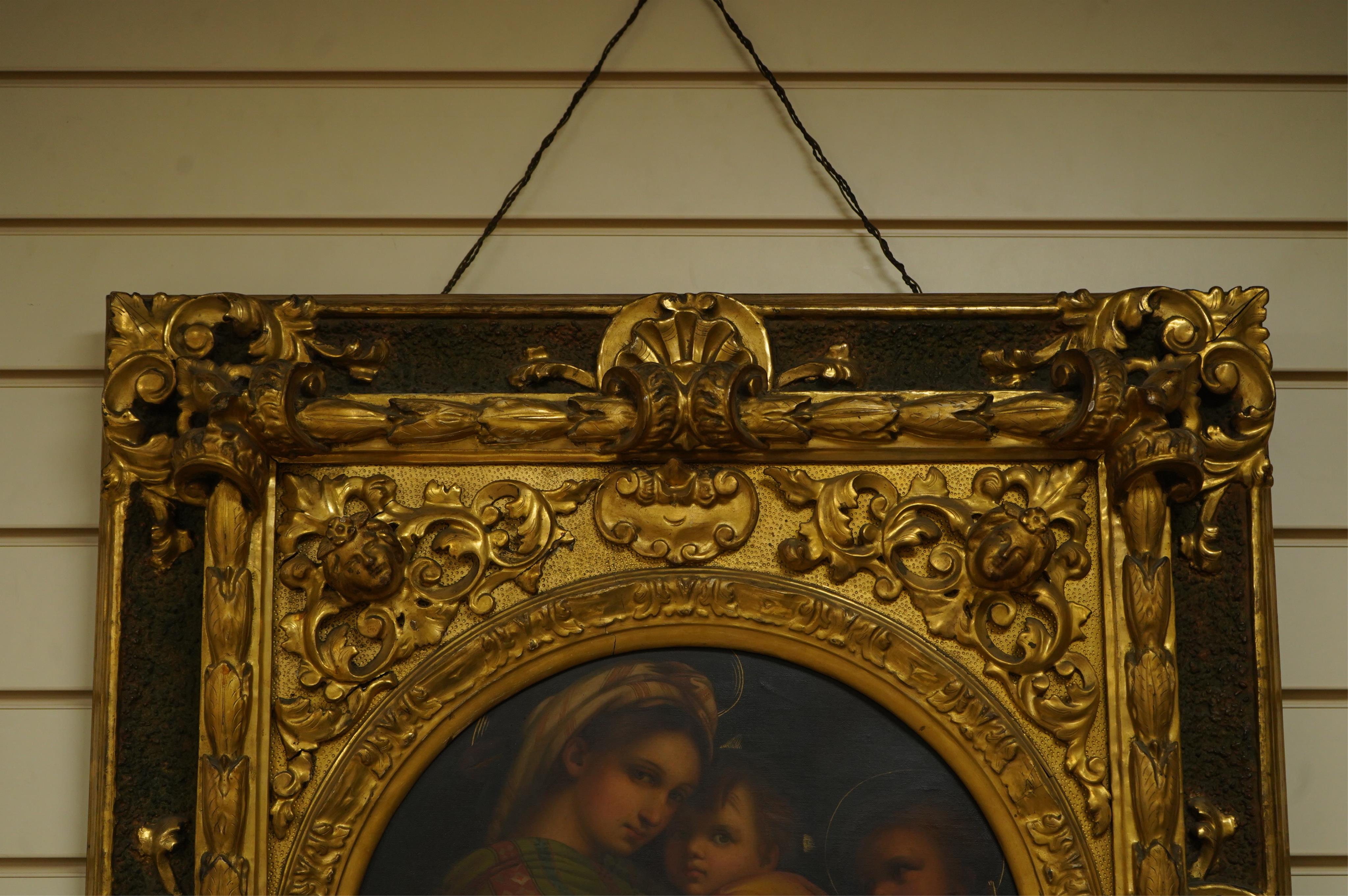 After Raphael (1483-1520), tondo oil on canvas, Madonna and chair, 38cm diameter, housed in ornate gilt frame